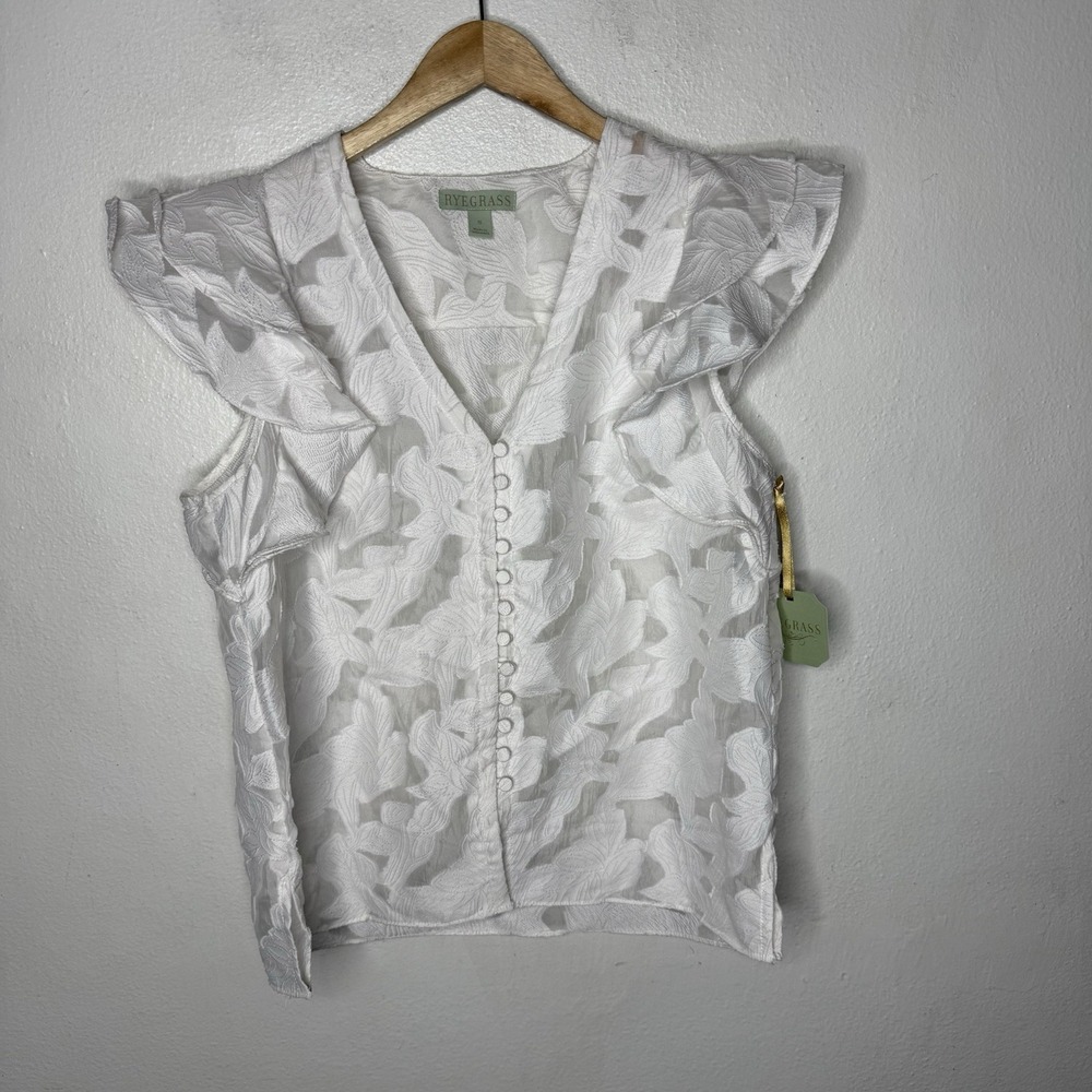 New Ryegrass White Button Ruffle Short Sleeve‎ Top Cloud Dancer Women's Small